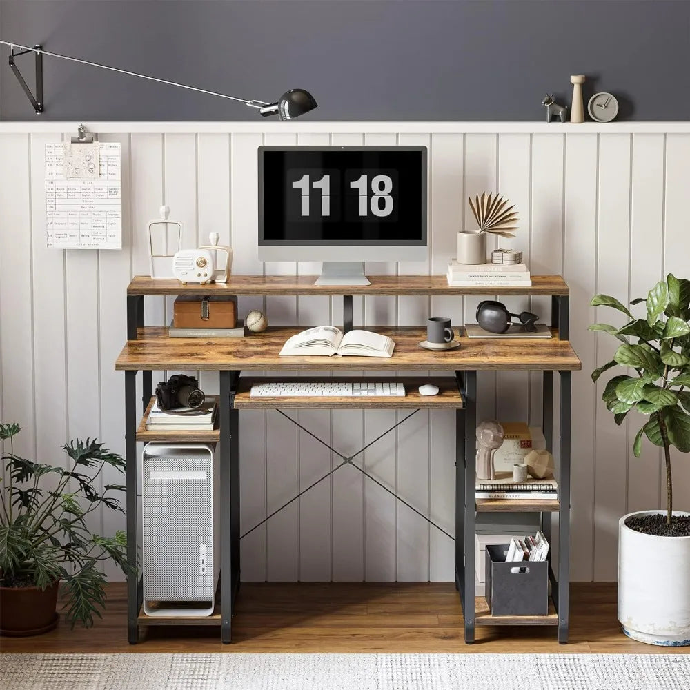 CubiCubi Computer Desk with Keyboard Tray 47 Inch Office Desk with Monitor Stand Storage Shelves Music Studio Desk Workstation