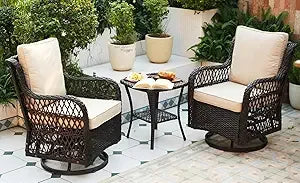 3 piece outdoor patio set, wicker rocking bistro set with 2 swivel chairs & tempered glass top table, rattan outdoor furniture