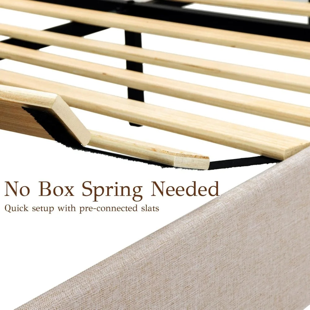 Bed Frame with Headboard, Wood Bed Frame with Solid Wood Posts, No Box Spring Needed, Beige Linen