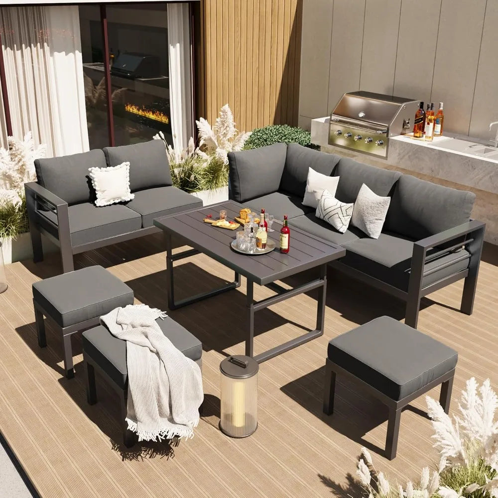 HOME - Aluminum Patio Furniture Set, Modern Outdoor Conversation Table and Chair Sofa Sets with Dark Grey Cushions-Hot Sale