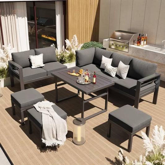 HOME - Aluminum Patio Furniture Set, Modern Outdoor Conversation Table and Chair Sofa Sets with Dark Grey Cushions-Hot Sale