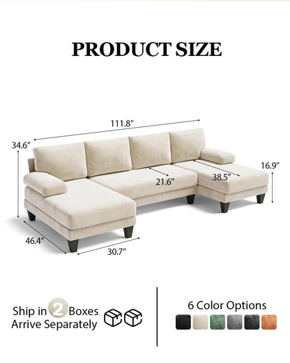 U-Shaped Sectional Couch Double Chaise Chenille Upholstery 112in Modern Living Room Apartment, Customized