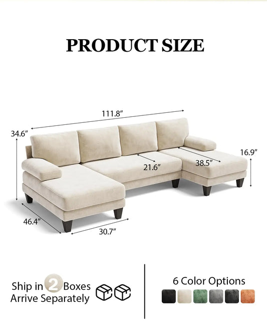 U-Shaped Sectional Couch Double Chaise Chenille Upholstery 112in Modern Living Room Apartment, Customized
