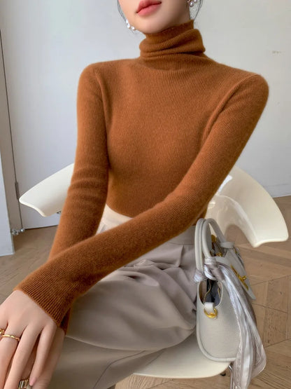 Women Long Sleeve Knitted Pullover Solid Casual Slim Sweater 2025 Autumn Winter Turtleneck Warm Jumper Simple Base Layer Top