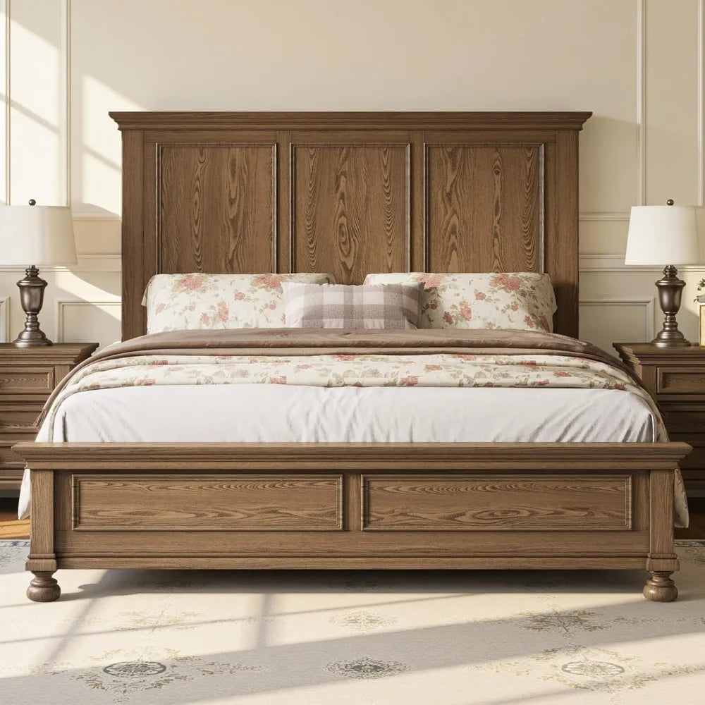 Solid Wood King Bed Frame with 65.2 High Headboard, Traditional Platform Bed with Heavy Duty Slats, No Box Spring Neede