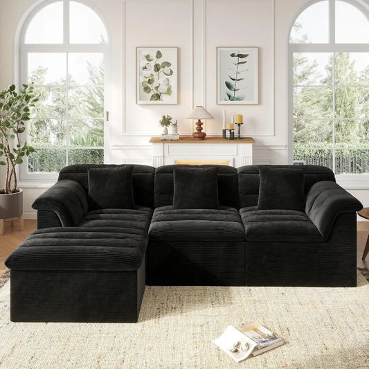 112" Modular Cloud Sectional Couch with Ottoman, Modern Upholstered Compressed Sofa with Deep Seat, Comfy L-Shape,Customized