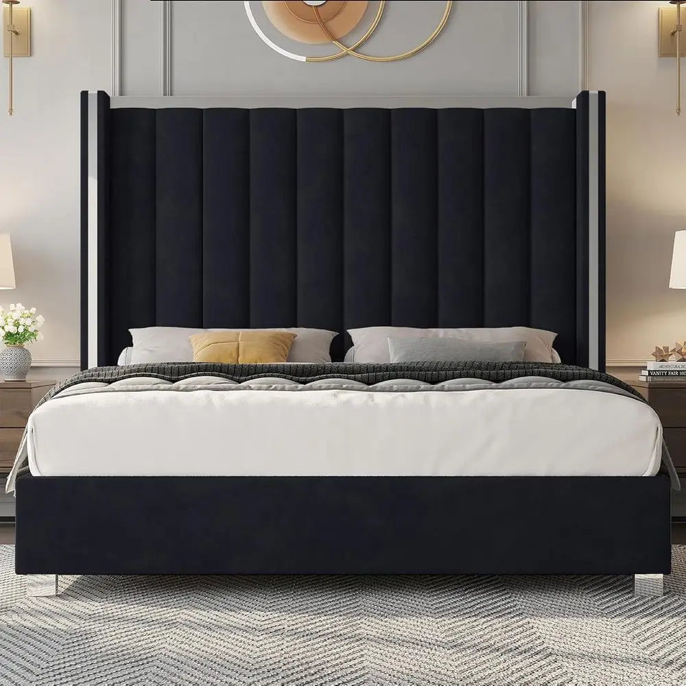 Black Velvet 58 High Wingback Headboard Queen Bed Frame, No Box Spring Required,Customized