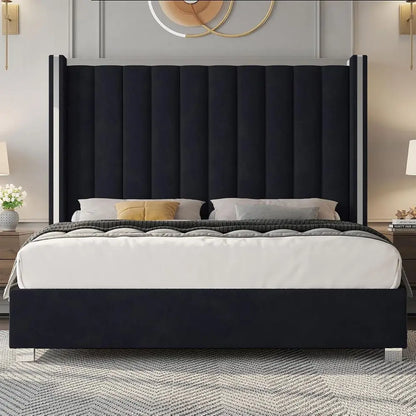 Black Velvet 58 High Wingback Headboard Queen Bed Frame, No Box Spring Required,Customized