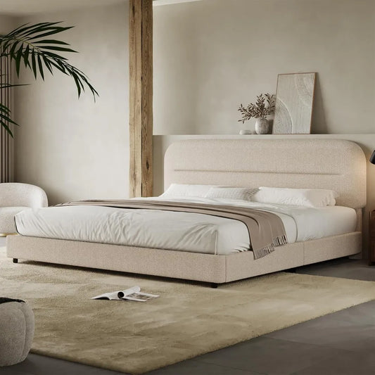 Boucle Bed Frame, Upholstered Cloud Bed Frame with Headboard, Soft Platform Bed Frame with Thickened Footboard, Rounded Corners