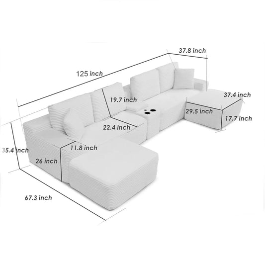 125" Oversized Modular Sectional Sofa, Deep Seat Cloud L-Shaped Corduroy Couch with Cup Holders, USB Ports &, Customized