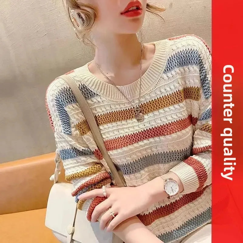 2024 Spring Summer New Hollow Color Striped Knitted Top Women's Loose Fit Cropped Bat Top Thin Cover Ups Crew Neck Pullovers