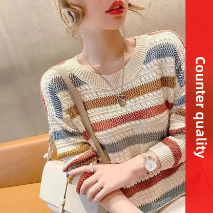 2024 Spring Summer New Hollow Color Striped Knitted Top Women's Loose Fit Cropped Bat Top Thin Cover Ups Crew Neck Pullovers