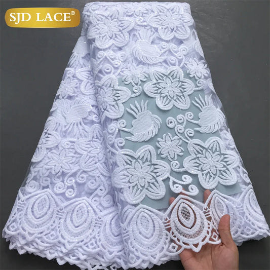 SJD LACE African Milk Silk Lace Fabric 2025 High Quality Nigerian White Mesh Embroidery Lace for Sewing Women Wedding Dress 4043