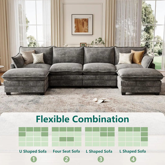Cloud Couch Modular Sectional U Shaped Sofa with Movable Ottoman Comfy Chenille Living Room Furniture Customized