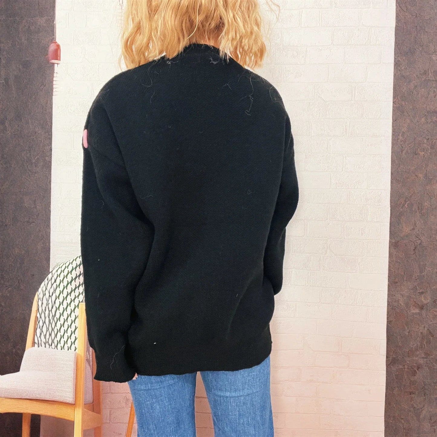 Women'S Fashion Casual Loose Versatile Bear Decoration Handmade Drawstring Long Sleeve Round Neck Pullover Sweater Pulls Femmes