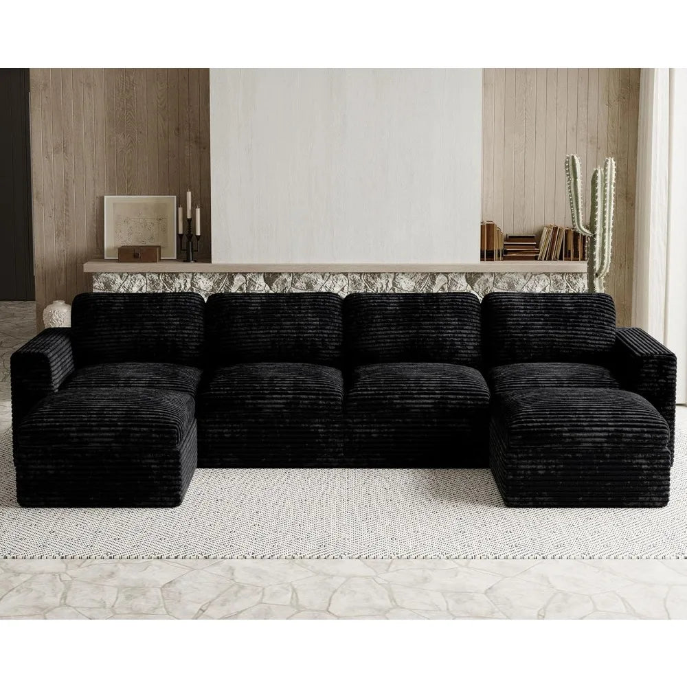 Cloud Sectional Couches for Living Room Plush Corduroy U Shaped Boneless Modular Sectional Sofa with Deep Seat. Black Couch.