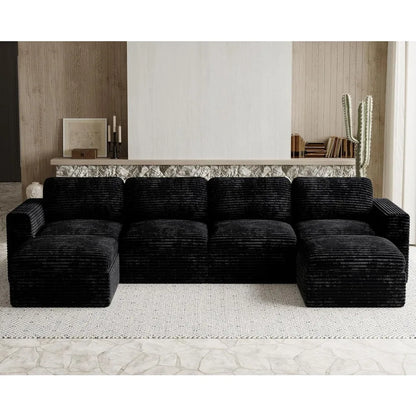 Cloud Sectional Couches for Living Room Plush Corduroy U Shaped Boneless Modular Sectional Sofa with Deep Seat. Black Couch.