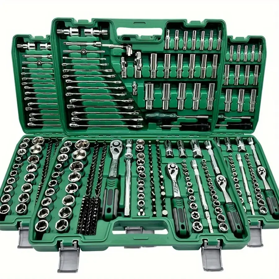 216pcs green Multifunctional Car Repair Tool Set with Plastic Storage Box