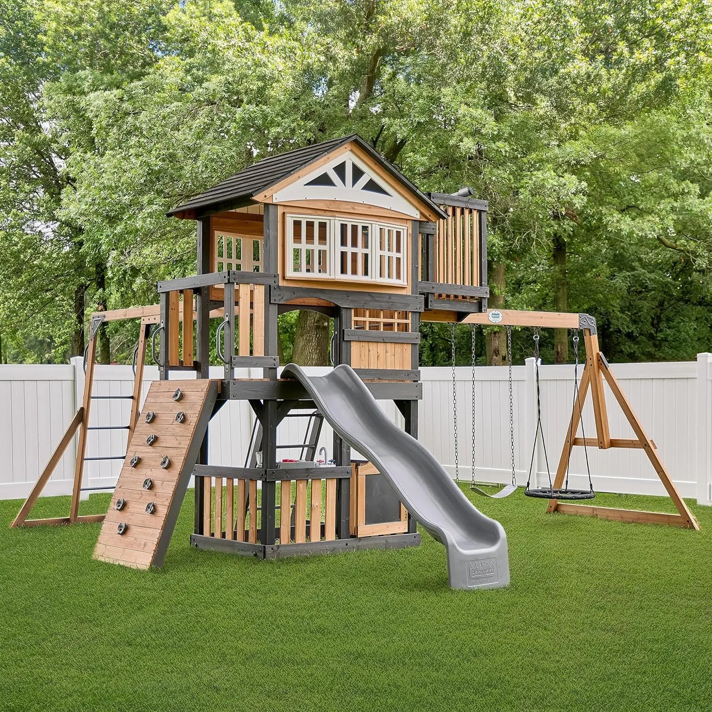 Rosewood Falls Cedar Wood Swing Set with Monkey Bars, Clubhouse, Crow's Nest, Play Kitchen, Wave Slide, Rock Wall, Belt Swings,