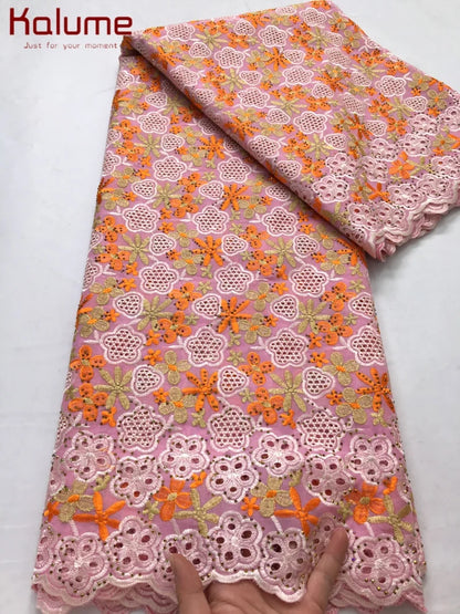 Kalume African Cotton Embroidered Lace Fabric With Stones 2025 Nigerian Swiss Voile Lace Fabric Flower For Sewing Dress F4325