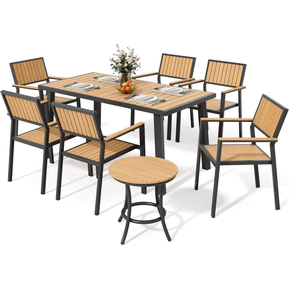 Outdoor Aluminum Furniture Set,8-Piece Patio Dining Set with 6 Outdoor Stackable Chairs and Plastic-Wood Table Top,Outdoor Furn