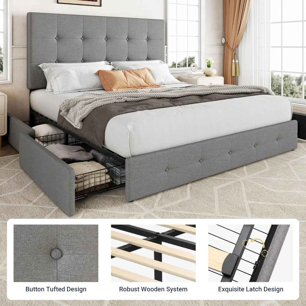 Upholstered Queen Size Platform Bed Frame with 4 Storage Drawers and Headboard, Square Stitched Button Tufted
