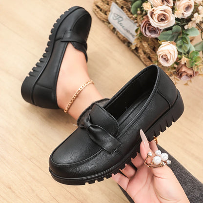 Women's Bow Detail Leather Flat Shoes - Slip On Casual Loafers with Non-Slip Sole