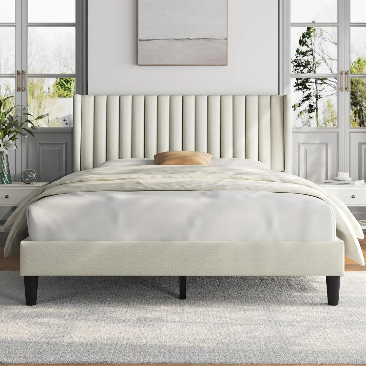 Queen Bed Frame Upholstered Platform Bed with Fabric Headboard, Wing Edge Design/Non-Slip and Noise-Free/Wooden, Customized