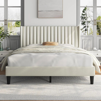 Queen Bed Frame Upholstered Platform Bed with Fabric Headboard, Wing Edge Design/Non-Slip and Noise-Free/Wooden, Customized