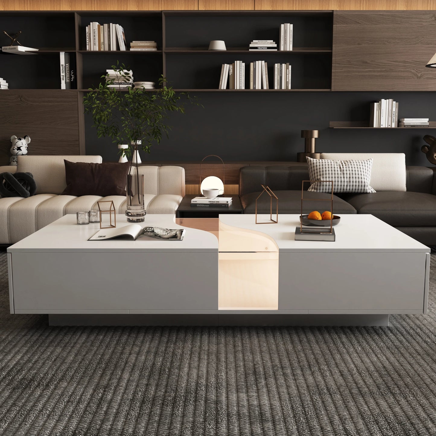 FUFU&GAGA 55.1'' Wide Modern Coffee Table With 2 Drawers & LED Lights, Coffee Table With Spacious Tabletop, For Living Room