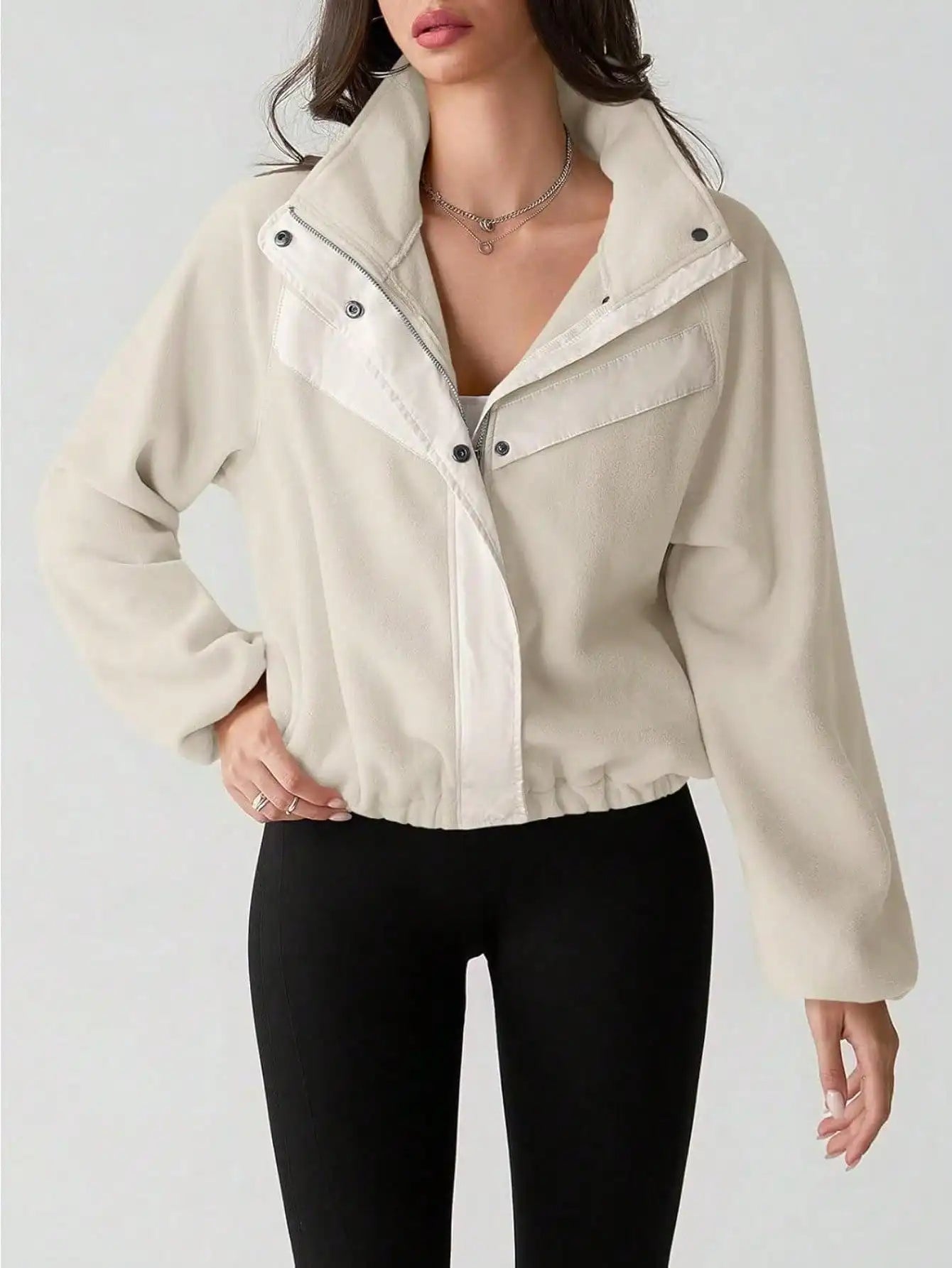 Women's Coquette Aesthetic Sherpa Cropped Jacket, Fuzzy Fleece Zip-Up with Stand Collar & Pockets, Fall Winter Coats
