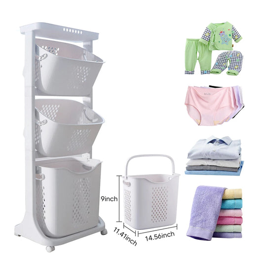 3 Tier Storage Baskets Laundry Rolling Hamper Cart Portable 3 Removable Baskets With Wheels For Bathroom Kitchen Living Room