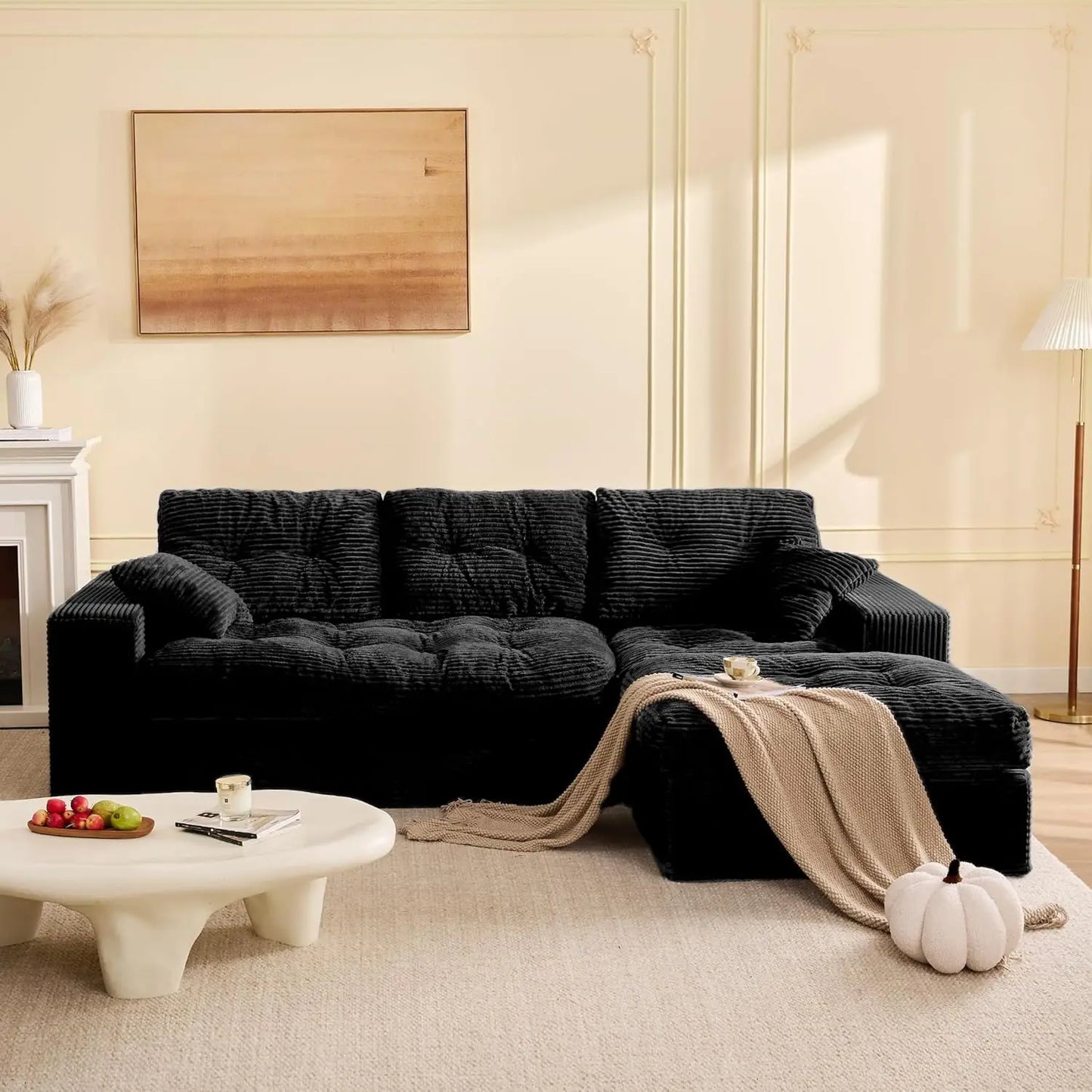 102" L-Shape Modular Sectional Sofa Deep Seat Corduroy Comfy Couch Ottoman Living Room Set, Customized