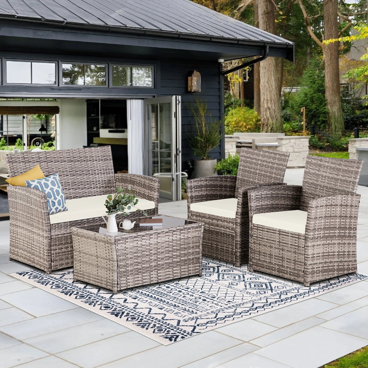 4 Piece Patio Furniture Set, Outdoor Wicker Conversation Sets, Rattan Sectional Sofa Couch with Coffee Table & Seat Cushions for