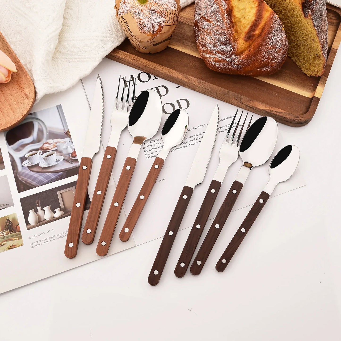 5/20Pcs Imitative Wood Silver Dinnerware Set Western Knife Fork Spoons Set Mirror Stainless Steel Cutlery Kitchen Silverware Set