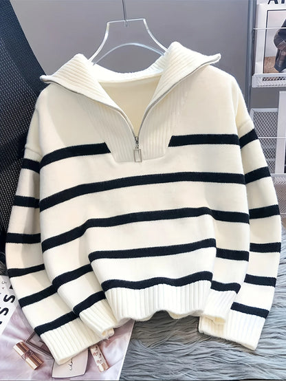 Autumn and Winter New Fashion Woman Sweater Thickened Zipper Striped Undershirt Short Pullover Top Women's Clothing