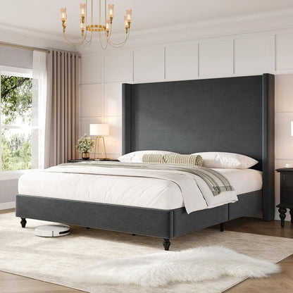 King Size Bed Frame With 65" Tall Headboard, Upholstered Corduroy Bed Frame With Wingback, Platform Bed With Solid, Customized
