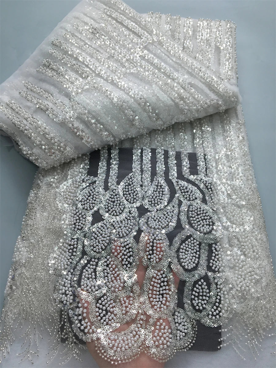 African Beads Lace Fabric 2025 High Quality 5 Yards Nigerian Sequins Beads Lace Fabric French Laces Fabrics For Party Dress Sew