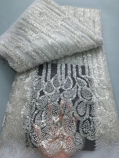 African Beads Lace Fabric 2025 High Quality 5 Yards Nigerian Sequins Beads Lace Fabric French Laces Fabrics For Party Dress Sew