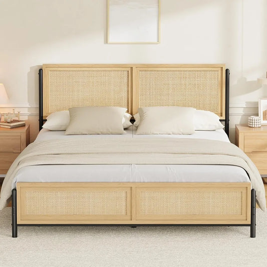 GarveeHome Boho King Size Bed Frame with Natural Rattan Headboard and Footboard, Wooden King Platform Bed No Box Spring Needed,