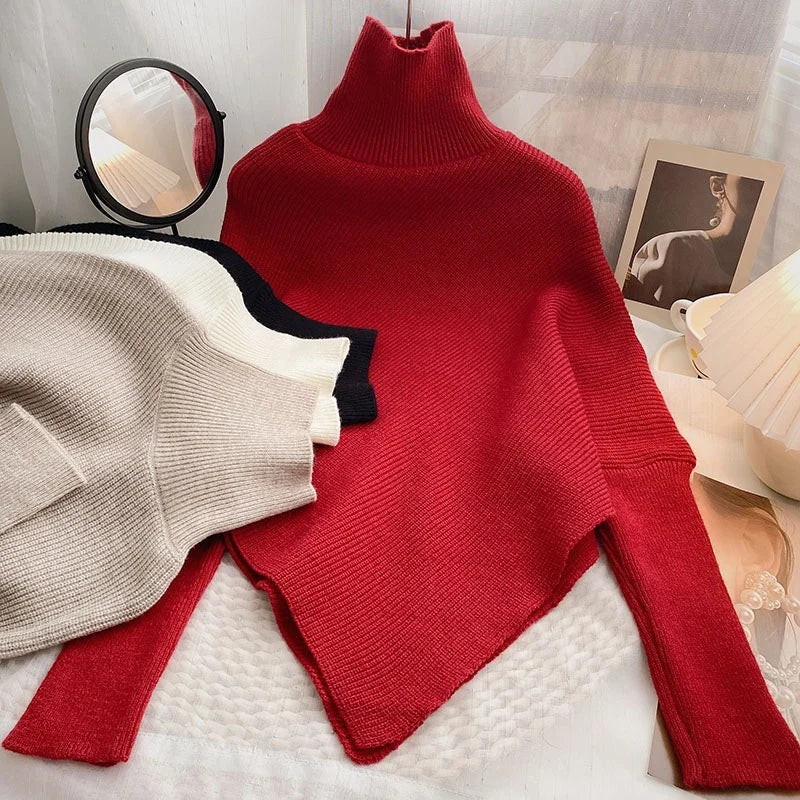 2025 Autumn Winter Women Fashion Irregular Loose Knit Sweater Vintage High Neck Long Sleeve Female Pullovers Chic Tops