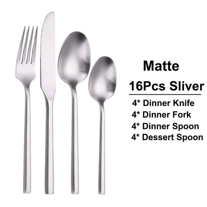 6/16/20Pcs Stainless Steel 304 Cutlery Set Mirror Sliver Tableware Western Hexagonal Handle Dinner Set Matte Knife Fork Spoon