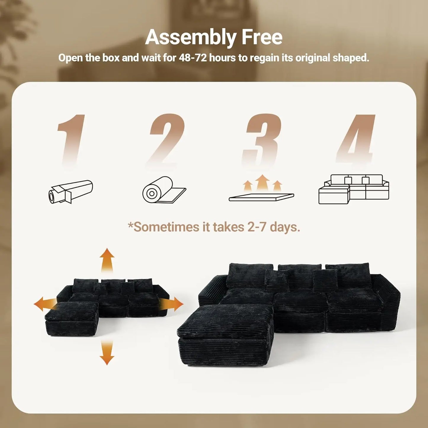 Boneless L-Shaped Modular Couch - 108 Inch Cloud Corduroy Sectional Sofa,Deep Seating Comfort, No Assembly, Ideal, Customized