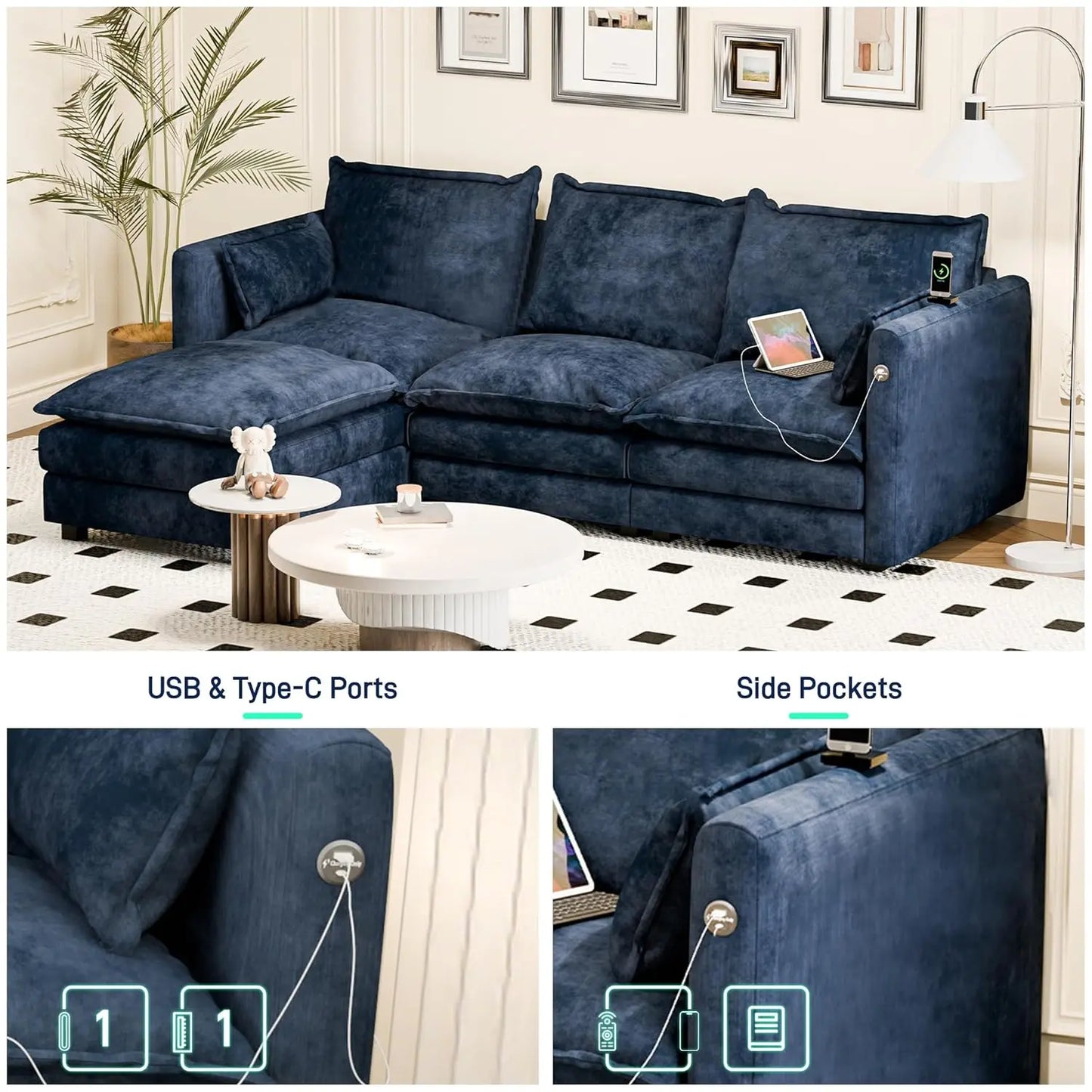 L Shaped Couch Sectional Sofa Comfy Cloud Couch for Living Room, Deep Seat Modular Sectional Sofa with Padded, Customized
