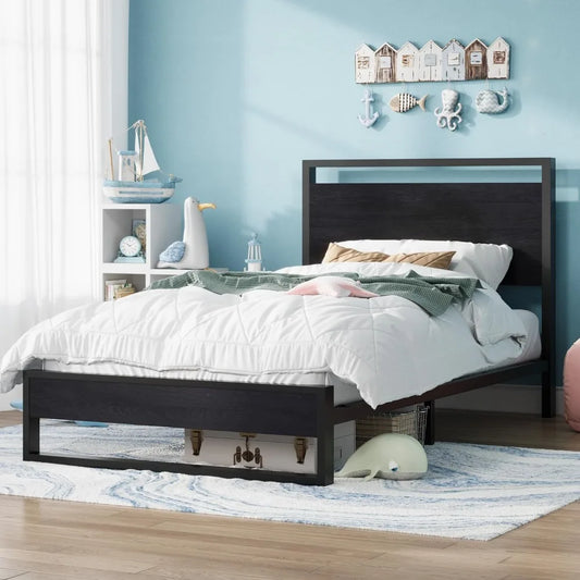Sturdy Metal and Wooden Bed Frame with Headboard and Footboard,8.6" Underneath Space, No Box Spring Needed, Modern Design