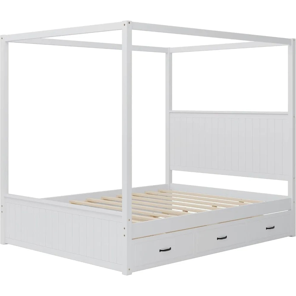 SOFTSEA Canopy Platform Bed with Trundle and Three Storage Drawers, Queen Size Solid Wood Bed with Headboard, 4-Post Platform Fr