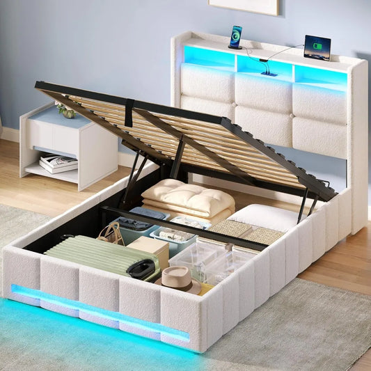 Bed Frame Twin Size with Lift Up Storage, Charging Station & LED Lights, Upholstered Storage Headboard, Wooden Slats, Beds Frame