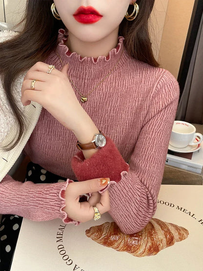 Autumn Elegant Casual Ruffles Knitted Sweater Fashion Women Mock Neck Pullover Solid Top Winter Warm Long Sleeve Knitwear Jumper