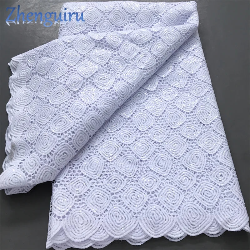 Pure White Nigerian Guipure Lace Fabric 2025 High Quality Water Soluble African Sequin Cord Lace Fabric for Party Dress Sew 4025