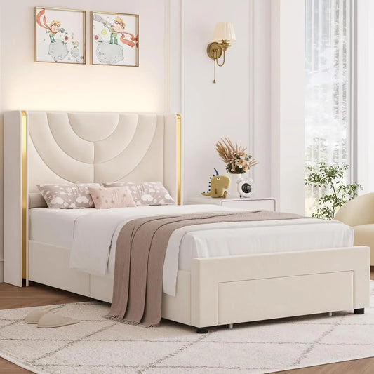 NEW Twin Upholstered LED Bed Frame with Storage Drawer, Velvet Kids Bed with Wingback Headboard, Princess Twin Platform Bed for